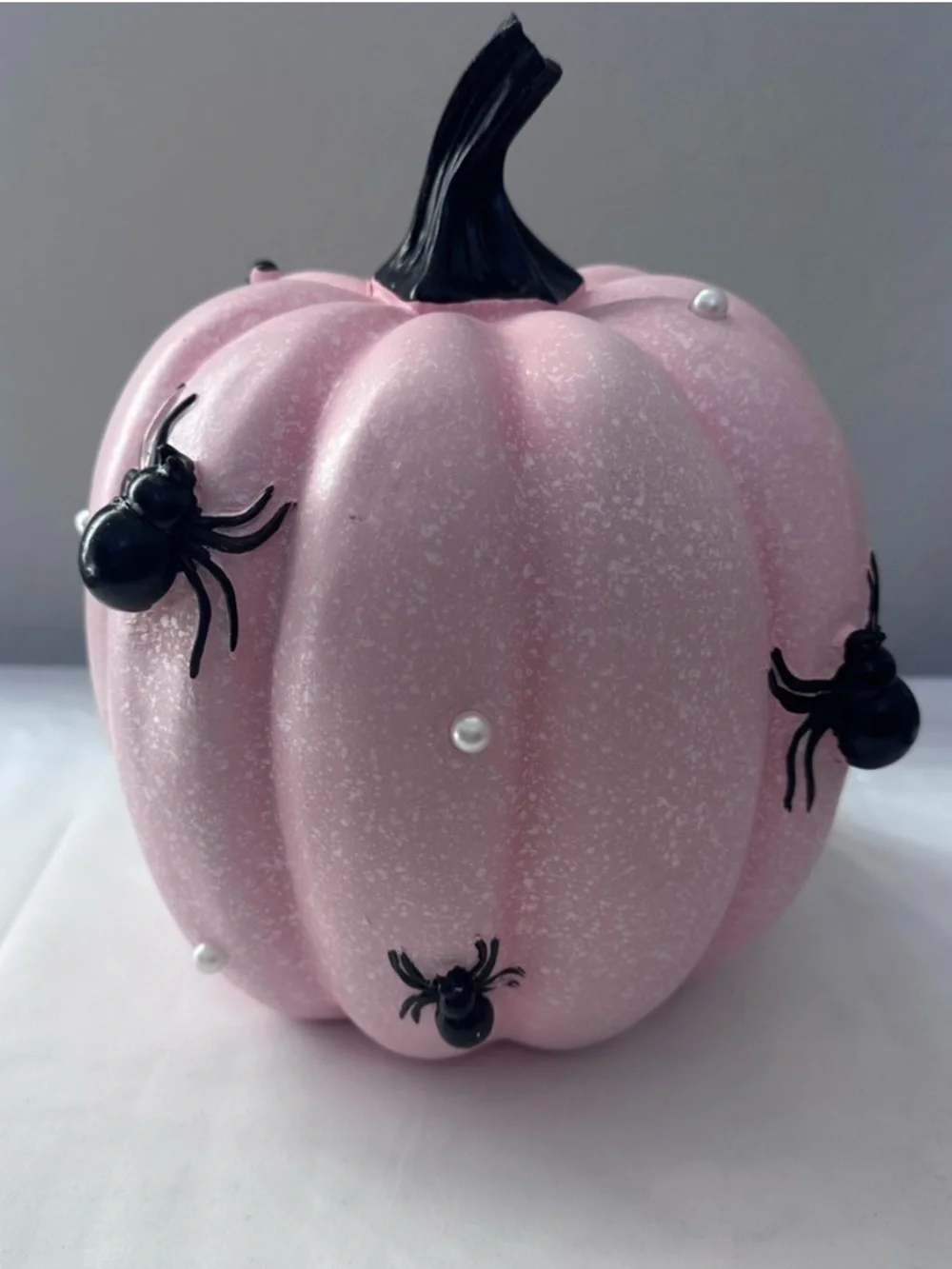 Pink Halloween Pumpkin Decor Black Spiders Faux Pearls 9.5” Tabletop